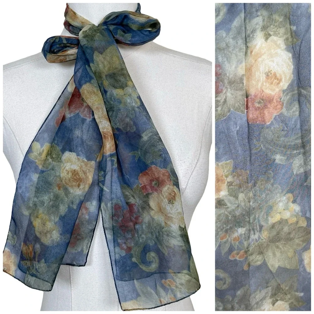 Vintage Floral Sheer Chiffon Scarf Blue Multi Botanical Rose Whimsigoth Y2K